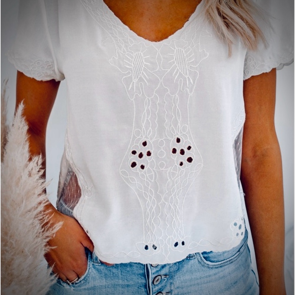 Boho Embroidered Mesh Eyelet Top